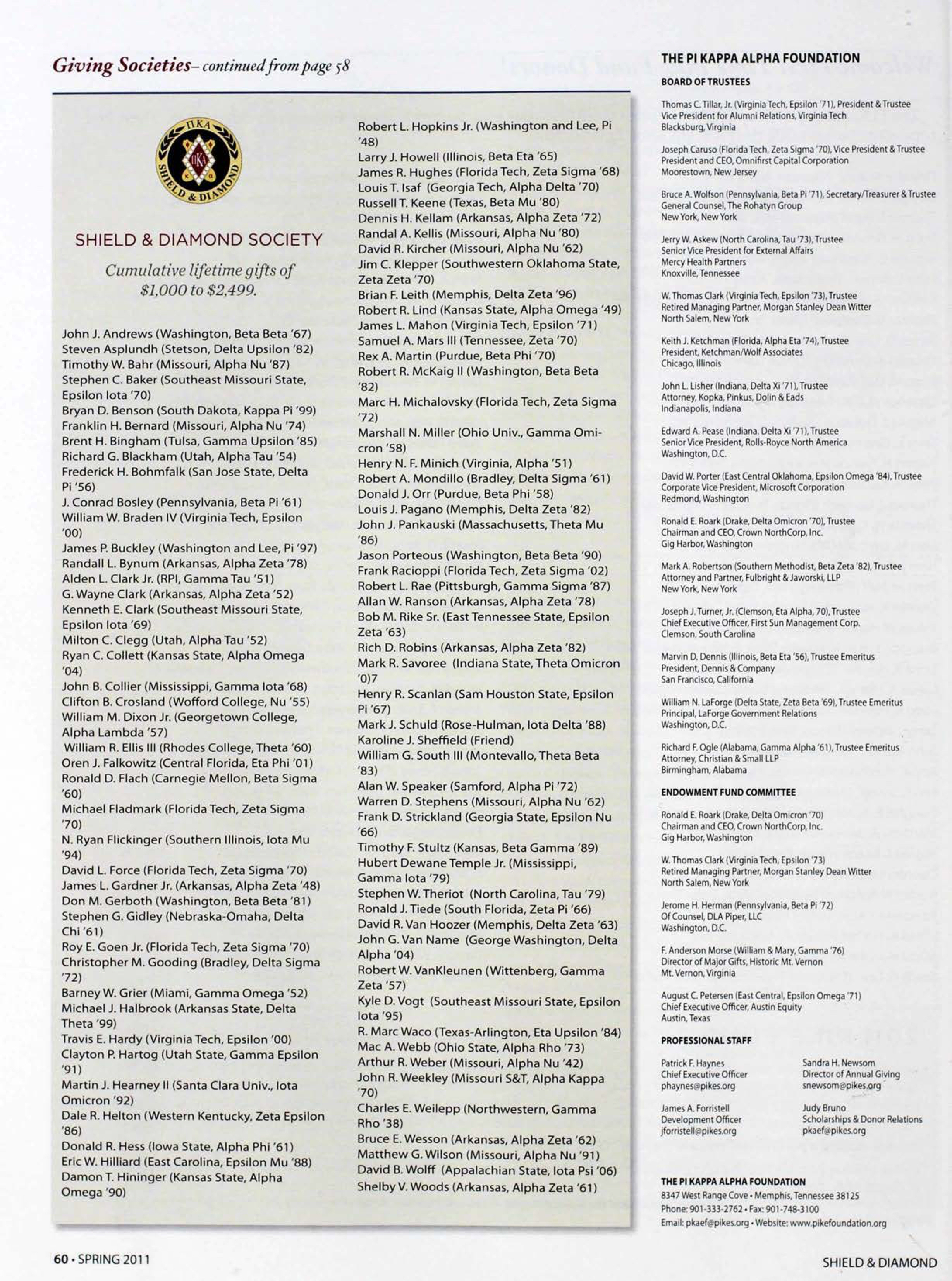 The Pi Kappa Alpha Foundation, Spring 2011